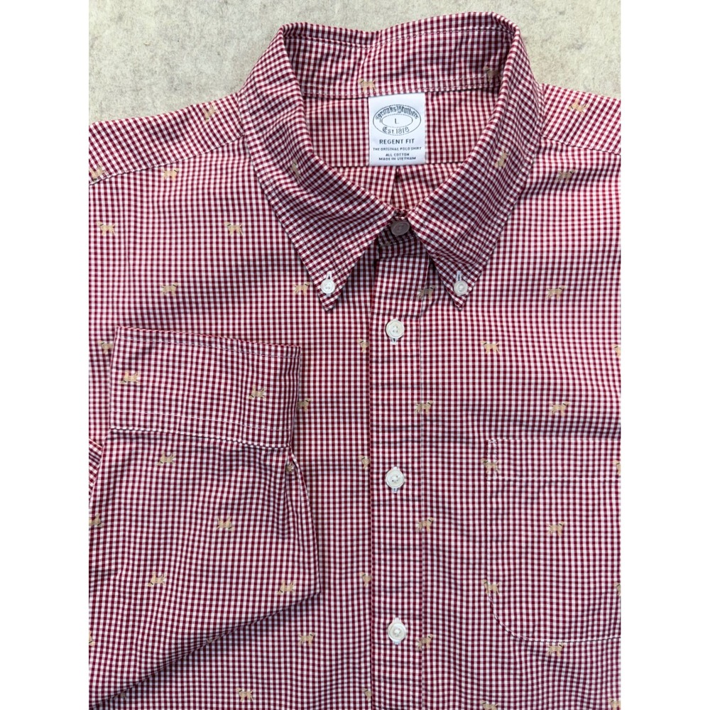 Brooks Brothers Button Down Shirt Mens L Red Gingham Dog Embroidered Regent Fit